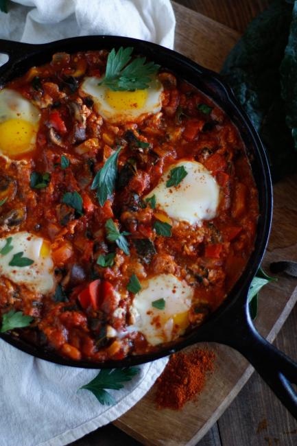 One-Skillet Kale Tomato Egg Bake